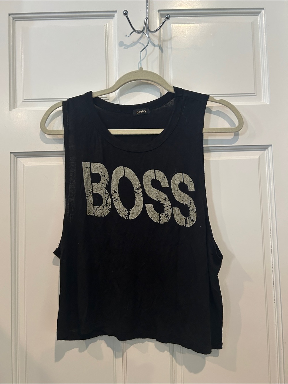 Poetry Black 'BOSS' Graphic Crop Muscle Tank deep, armpits, medium oversized